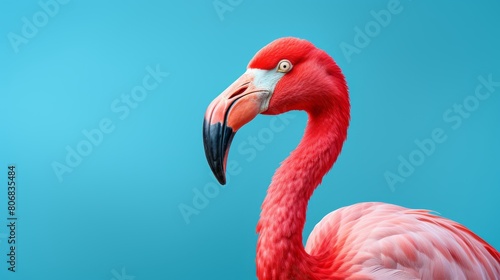 A majestic pink flamingo stands gracefully in front of a serene blue background
