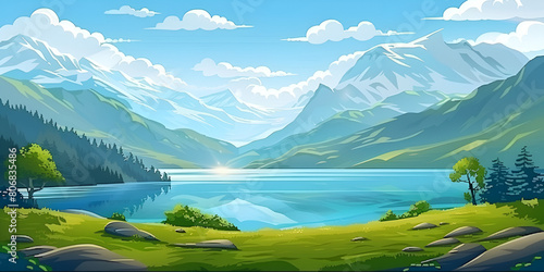 Landscape with Lake: Tranquil Waterfront Scene with Reflective Waters, Scenic View of Nature's Serenity, Idyllic Lakeside Landscape, Generative AILandscape with Lake: Tranquil Waterfront Scene with 