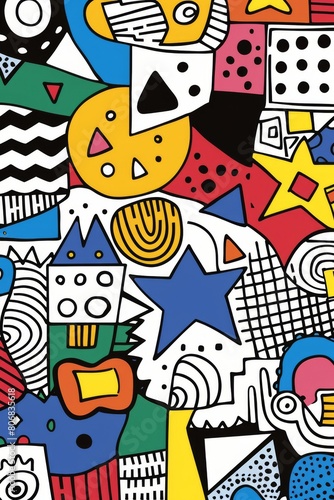 A front cover for a colouring book for toddlers called Shape and Pattern Playground, full of different shapes with various patterns within the shapes