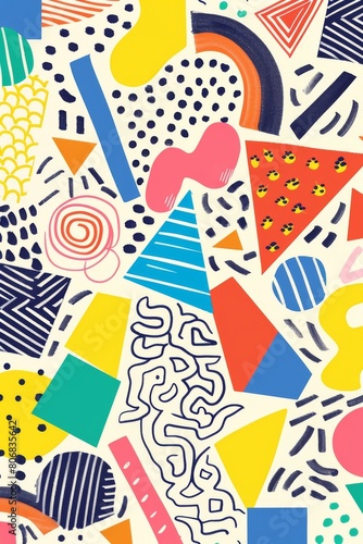 A front cover for a colouring book for toddlers called Shape and Pattern Playground, full of different shapes with various patterns within the shapes