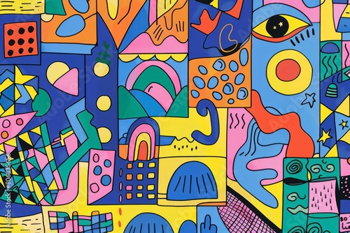 A front cover for a colouring book for toddlers called Shape and Pattern Playground, full of different shapes with various patterns within the shapes