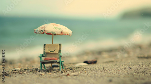 A wee little beach chair with a smiling face, sitting in the sand under a tiny umbrella.