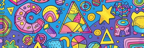 A front cover for a colouring book for toddlers called Shape and Pattern Playground, full of different shapes with various patterns within the shapes