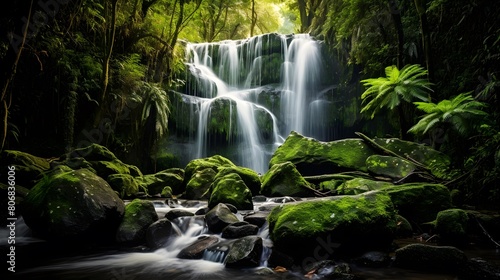 Beautiful waterfall in the rainforest. Panoramic view.