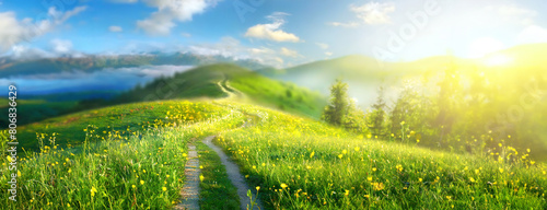 A pristine path winds through a lush green mountain meadow at sunrise. The morning light bathes the landscape in a soft glow, emphasizing tranquility and freshness.