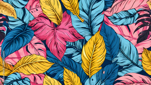 Tropical exotic colorful pink blue yellow leaves seamless pattern  glamorous digital art background design  hand-drawn style fabric vintage illustration