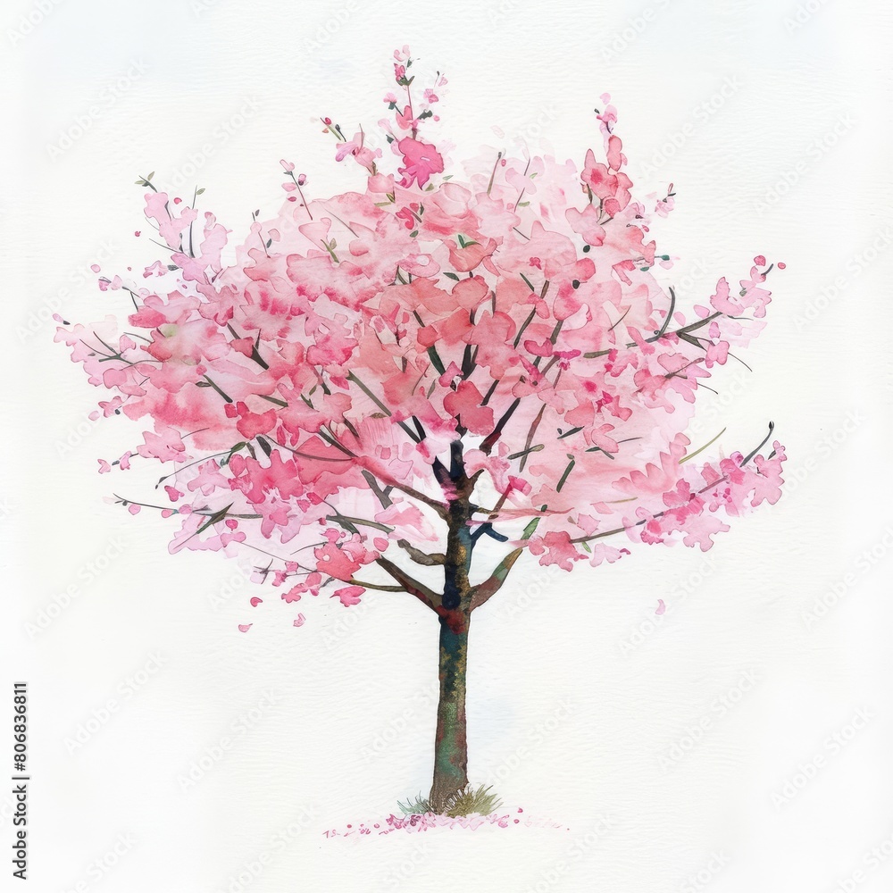 A tiny watercolor of a cherry blossom tree in full bloom, radiating tranquility on an isolated white background A tiny watercolor of a cherry blossom tree in full bloom, radiating tranquility on an isolated white background