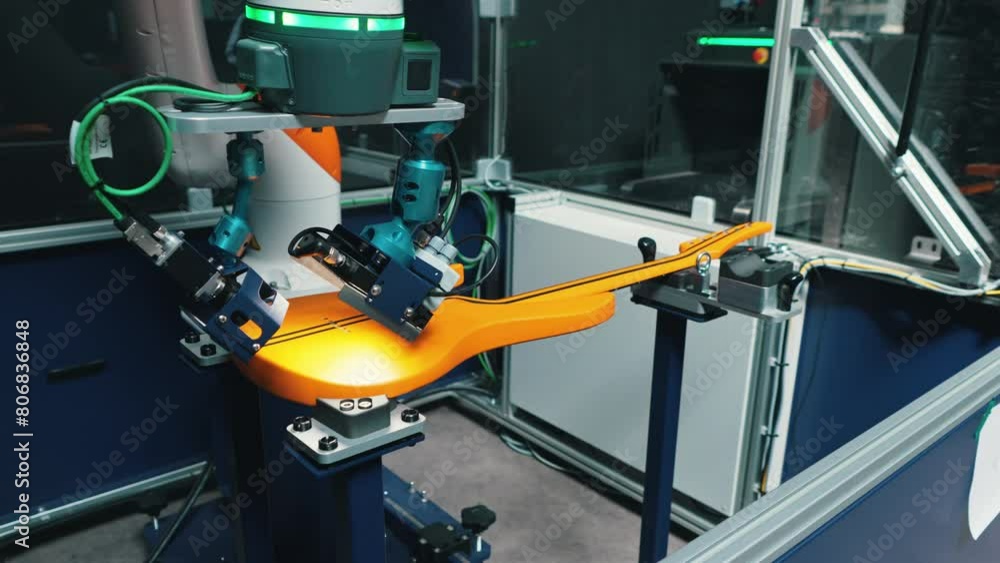robot arm checking the guitar color in the factory, guitar production. High quality 4k footage robot arm checking the guitar color in the factory, guitar production. High quality 4k footage