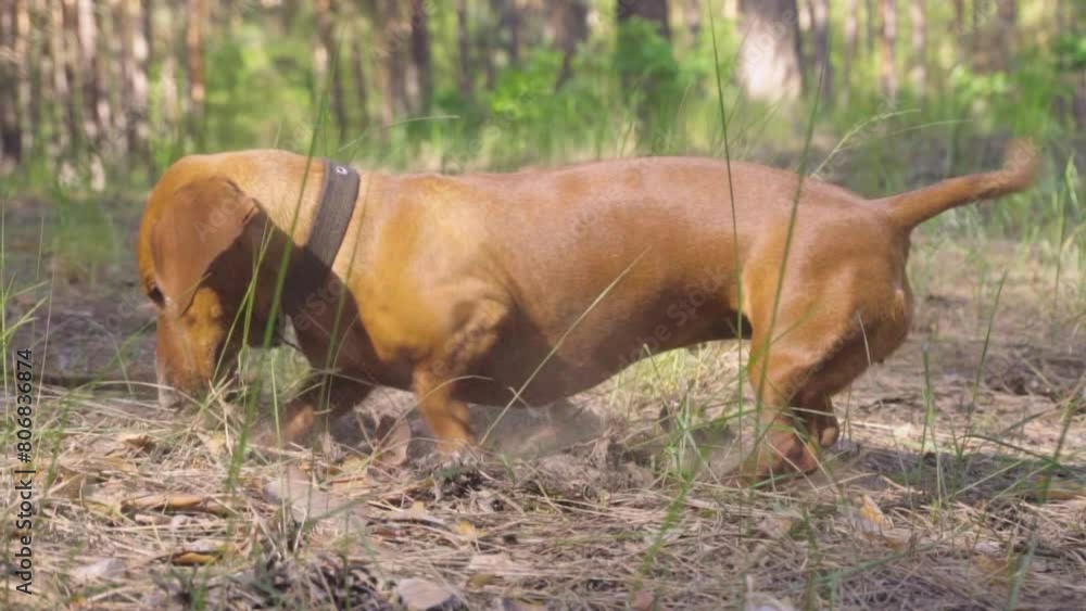 red dachshund dog digs the ground on a walk in a pine forest red dachshund dog digs the ground on a walk in a pine forest