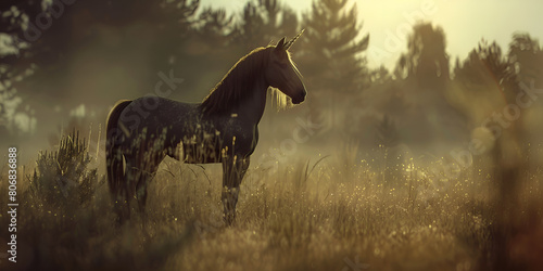 Majestic Unicorn Standing in Fairytale Landscape with MaMajestic Unicorn Stagical Atmosphere  Enchanted Fantasy Scene with Mythical Creature  Ethereal Unicorn in Dreamy Nature Setting  Generative AI  