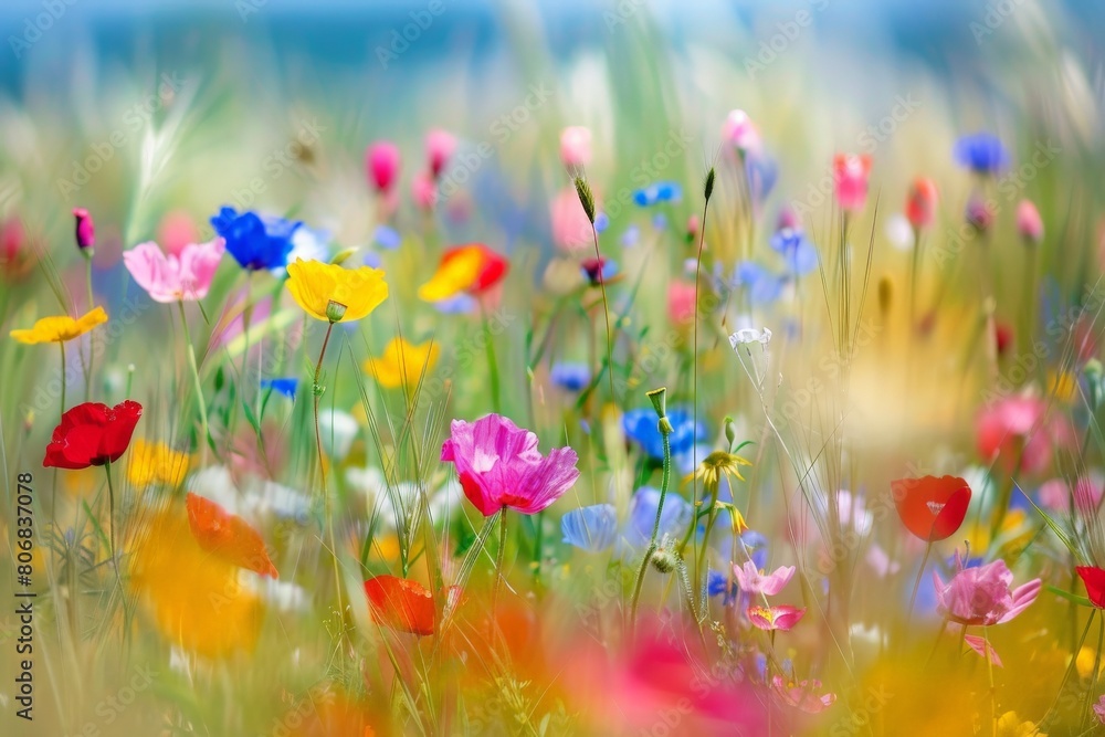 Landscape of a summer wildflower meadow, with black-eyed susans, milled, and other blooms, Michigan, USA. Beautiful simple AI generated image in 4K, unique.