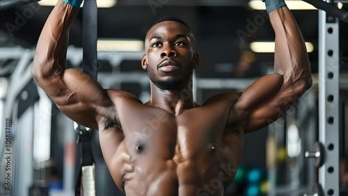 African American athlete doing pullups in gym improving physical fitness. Concept Physical Fitness, Gym Workout, African American Athlete, Pullups, Exercise Routine © Anastasiia