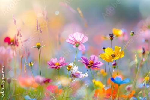 2022 - impressionistic aerial over Ukraine fields with wildflowers growing suggests Ukranian agriculture and landscape.. Beautiful simple AI generated image in 4K, unique.