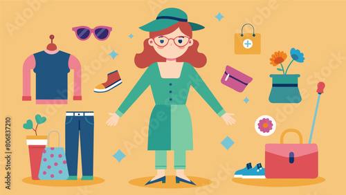 A quirky thrift store fashion blogger stumbling upon unexpected and quirky finds incorporating them into her outfits for a touch of whimsy.. Vector illustration