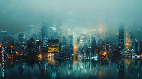 Abstract view of a city skyline at night, lights creating a blurred, glowing effect on water.