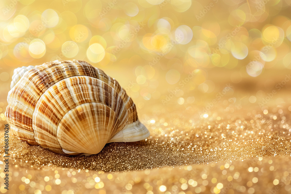 Beautiful sea shell on a gold sand glittering background with copy space, in a top view. A summer vacation concept. Beautiful sea shell on a gold sand glittering background with copy space, in a top view. A summer vacation concept.
