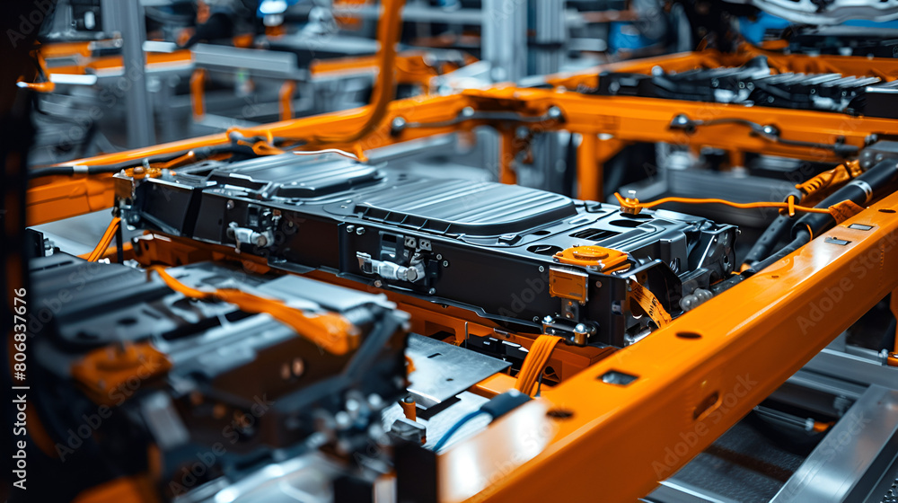 Mass Production Assembly Line of Modern Cars in a Factory, InMass Production Assembly Line of Electric Vedustrial Manufacturing Process, Automotive Industry, Technology and Innovation, Generative AI


