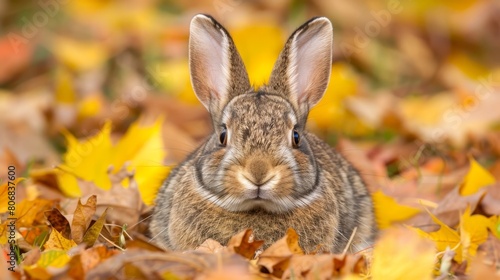   A tight shot of a rabbit in a sea of leaves Background softly depicts yellows and browns