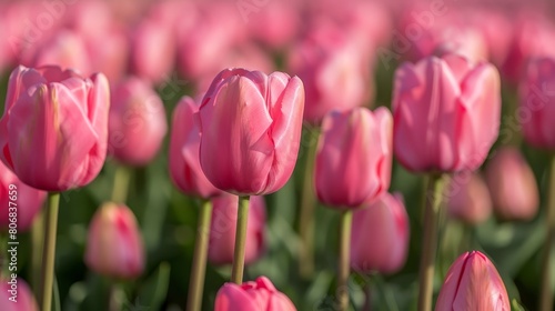   A field of pink tulips in full bloom  foregroundfocused Background softly blurred with flower details