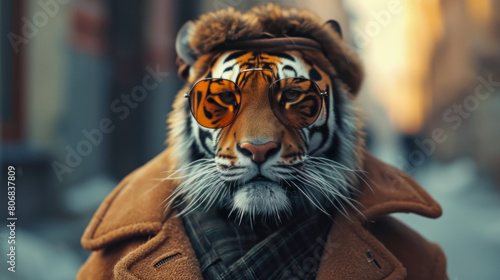 Majestic tiger prowls through city streets adorned in tailored sophistication, embodying street style.
