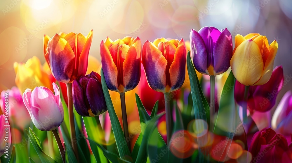A field filled with vibrant tulips, backed by a radiant sunlit basket A field filled with vibrant tulips, backed by a radiant sunlit basket