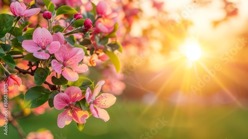   A tight shot of pink blooms on a tree against a backdrop of the sun  accompanied by a hazy grassy expanse in the foreground