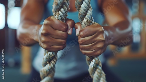 Closeup of hands gripping battle rope tightly during workout session. Concept Strength Training, Exercise Routine, Fitness Regimen, Workout Motivation, Battle Rope Exercises photo