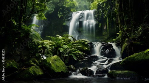 Panorama of a waterfall in the rainforest. Panoramic image