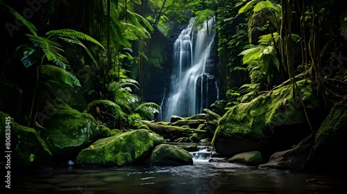 Beautiful waterfall in the rainforest. Panoramic view.