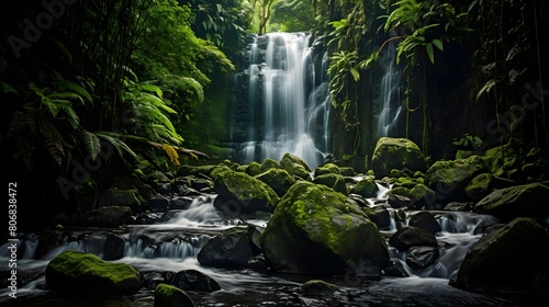 Panorama of a waterfall in the rainforest of New Zealand.