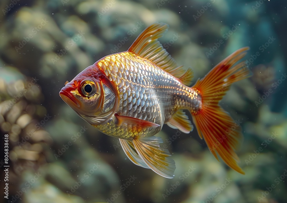 Golden Scaled Freshwater Fish Swimming Underwater in Natural Habitat Golden Scaled Freshwater Fish Swimming Underwater in Natural Habitat