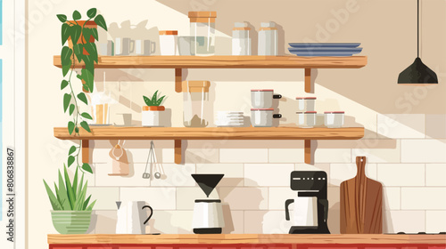 Wooden shelving unit with dishware coffee maker