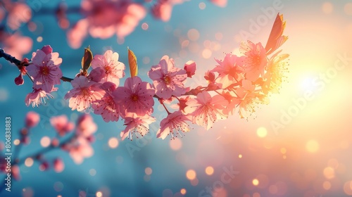 A tight shot of a cherry blossom branch, sun rays filtering through, backdrop of cloud-studded sky