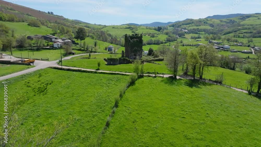 Old And Historic Torre de Tores Ruins With Green Landscape In Summer In Lugo, Spain. - aerial pullback shot Old And Historic Torre de Tores Ruins With Green Landscape In Summer In Lugo, Spain. - aerial pullback shot