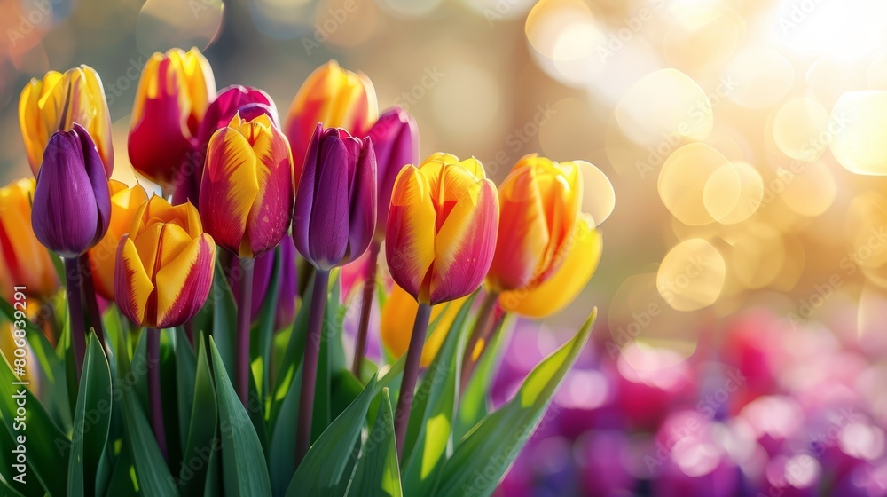 A field of vibrant tulips with a background of assorted blooms A field of vibrant tulips with a background of assorted blooms