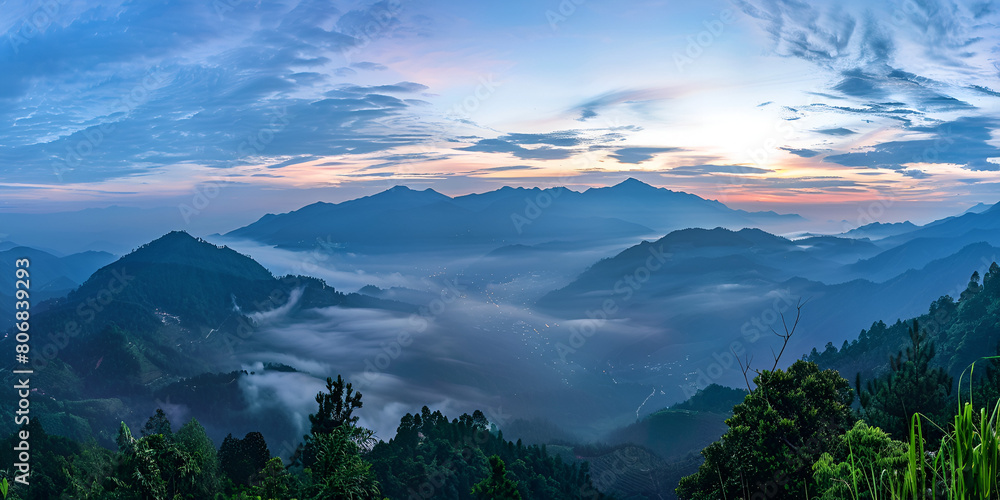 Panorama of the Mountains in the Morning with Misty Valleys and Golden
