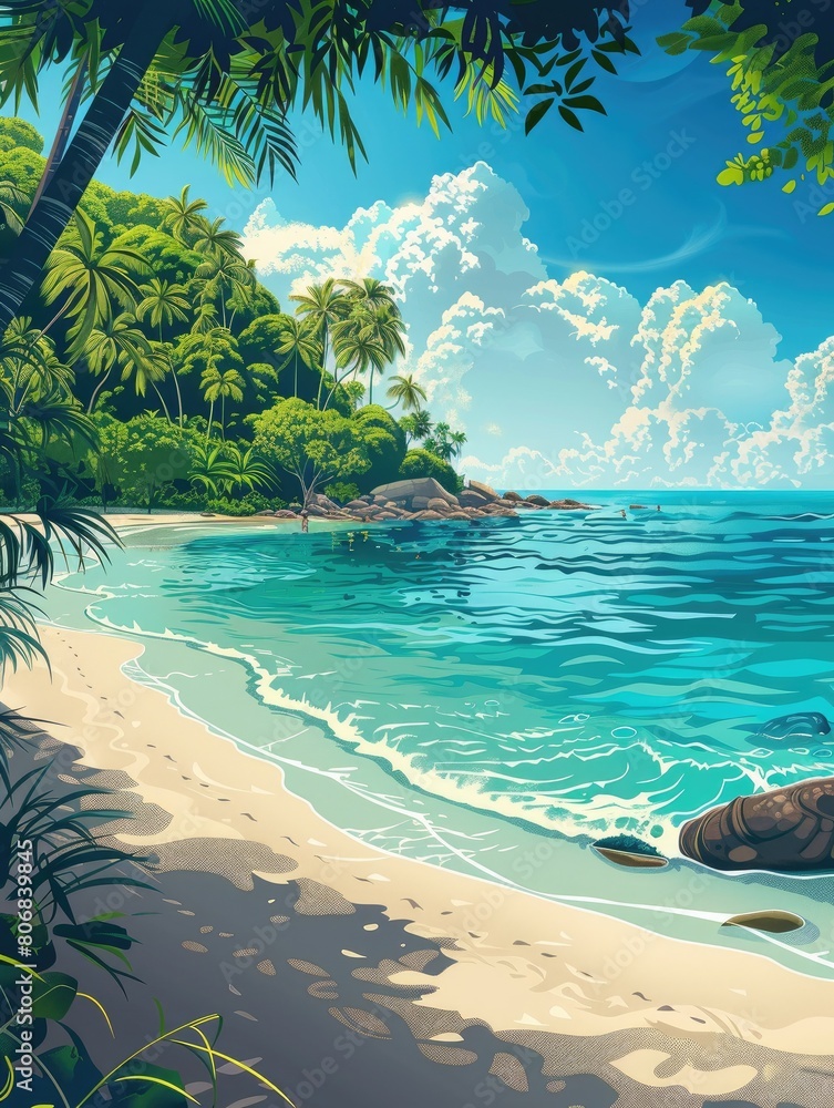 Fototapeta premium 2d illustration of tropical beach with palm trees, beach background