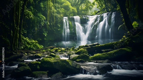 Panorama of a waterfall in a green forest. Long exposure.