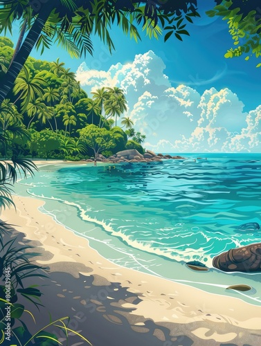 2d illustration of tropical beach with palm trees  beach background