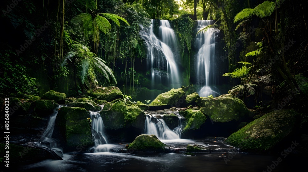 Panoramic view of a small waterfall in a tropical rainforest