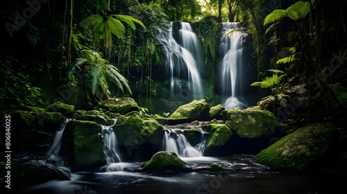 Panoramic view of a small waterfall in a tropical rainforest