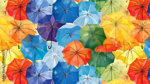 Seamless Colorful Rainbow Umbrella Pattern Background, Vibrant Repeat Design with Umbrellas in Various Colors, Playful and Cheerful Illustration, Generative AI