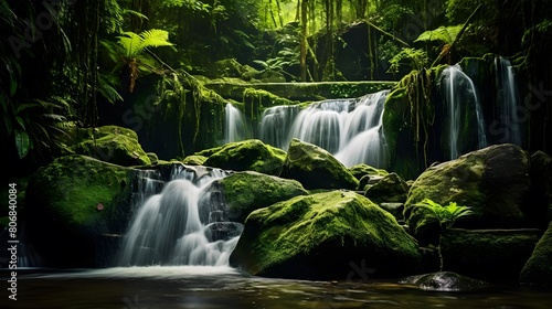 Panoramic view of beautiful waterfall in tropical rainforest. Beautiful nature background.