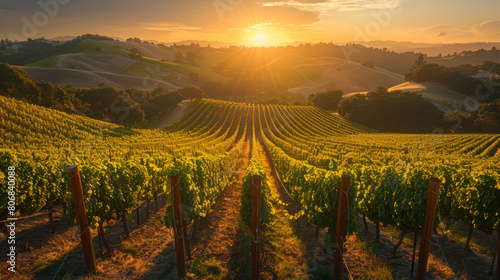 Golden sunrise illuminating a scenic vineyard with rows of grape vines stretching into the distance.