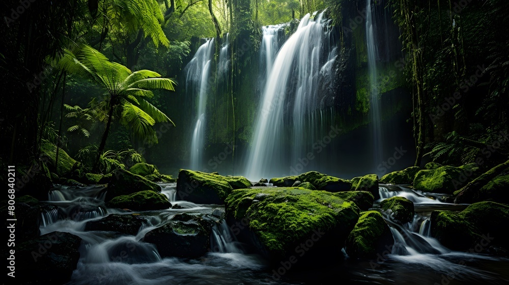 Panoramic view of a beautiful waterfall in the rain forest.