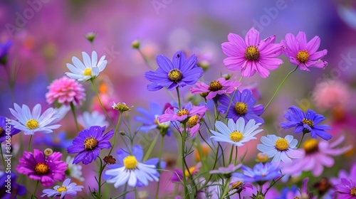   A tight shot of a flower bouquet  featuring purple  blue  and yellow blooms at its heart