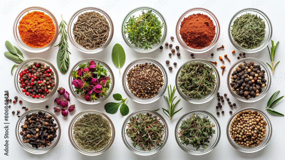 A variety of spices and herbs are displayed in bowls on a white background. The spices include cumin, pepper. bowls are arranged in a way that creates a visually appealing. herbs and spices