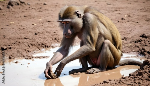a-baboon-using-its-hands-to-sift-through-mud-for-t- 3 photo
