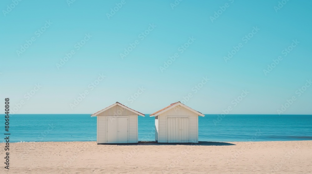 Two white beach huts stand symmetrically on a pristine sandy beach under a bright blue sky Two white beach huts stand symmetrically on a pristine sandy beach under a bright blue sky