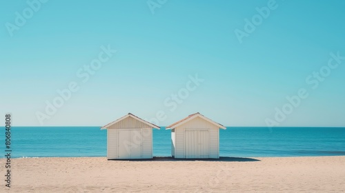 Two white beach huts stand symmetrically on a pristine sandy beach under a bright blue sky